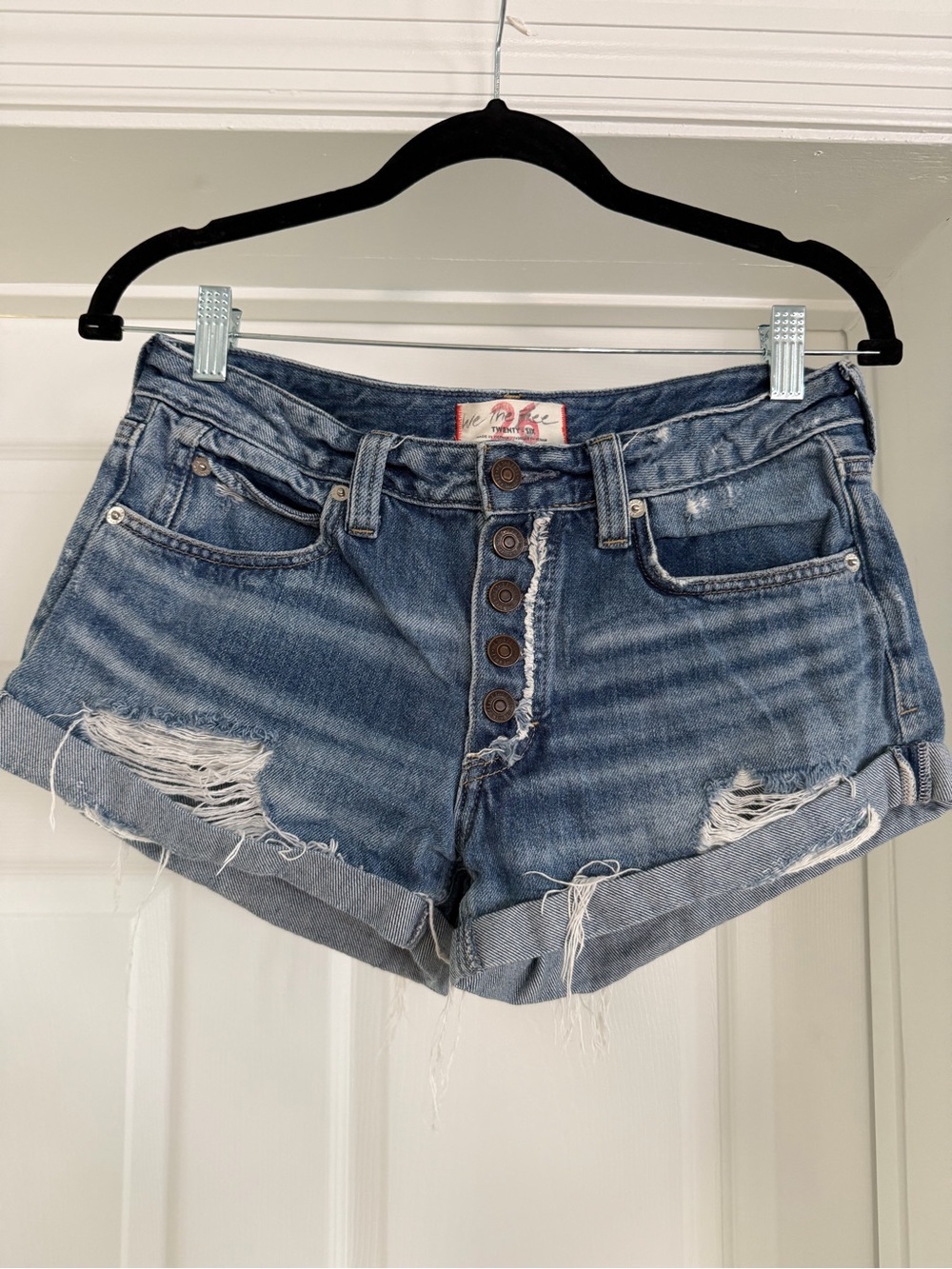 High-Rise Distressed Button-Fly Denim Shorts - Blue